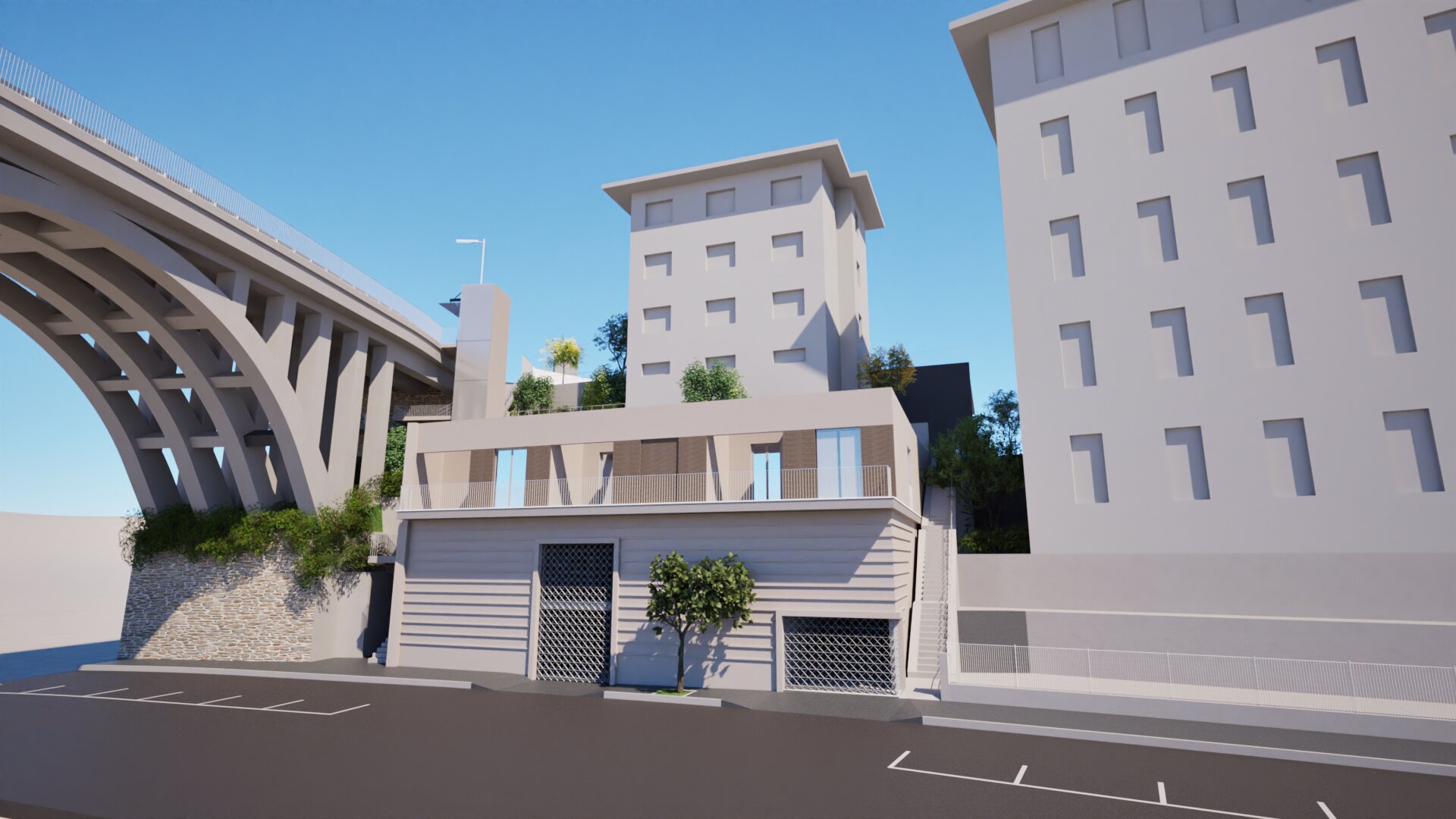 Immagine di progetto: l’edificio di via Cavour sotto il ponte dell’Aurelia, con le autorimesse e sopra il piano delle residenze