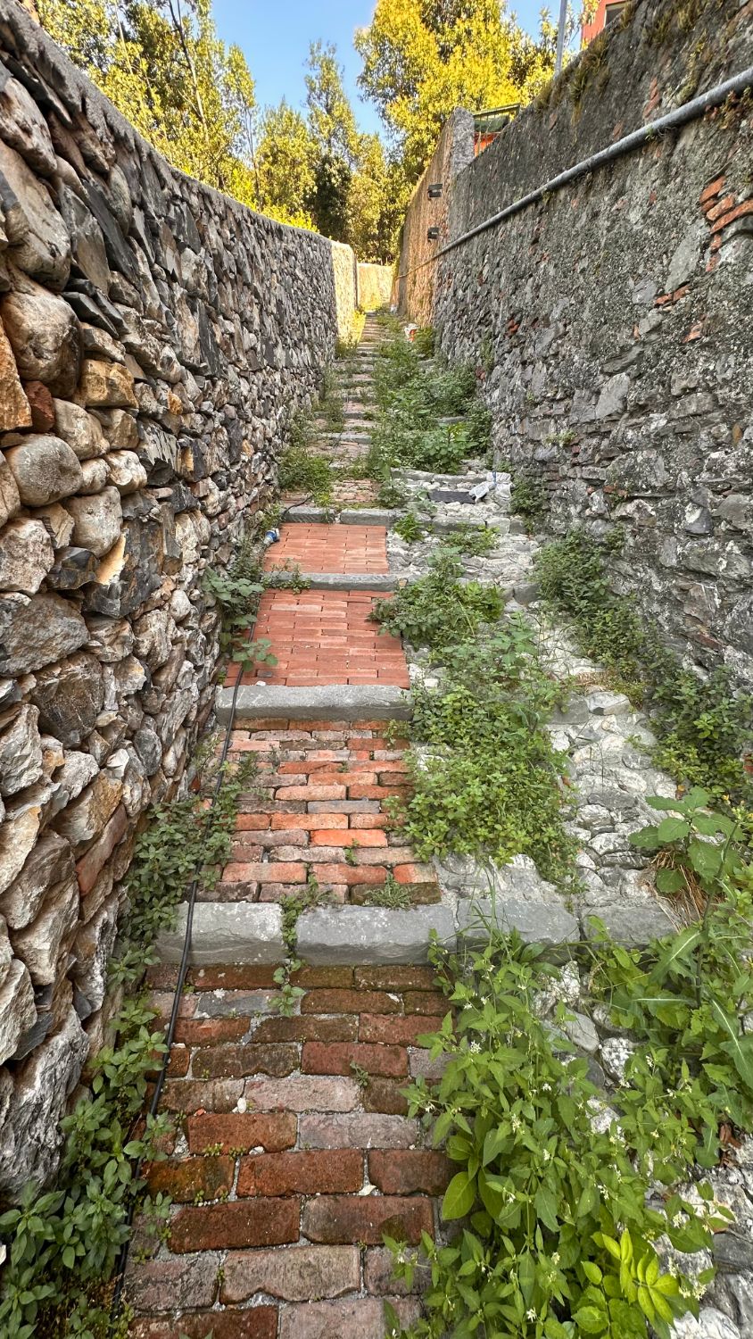 Un tratto della salita fra i muri in pietra, con gradini in pietra e fasce di mattoni