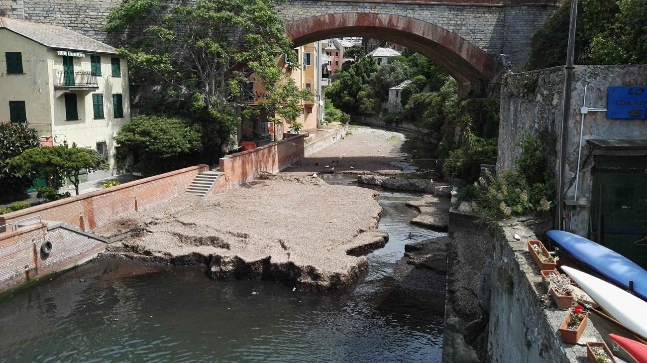 La foce del torrente prima dei lavori, con deposito di materiale in alveo