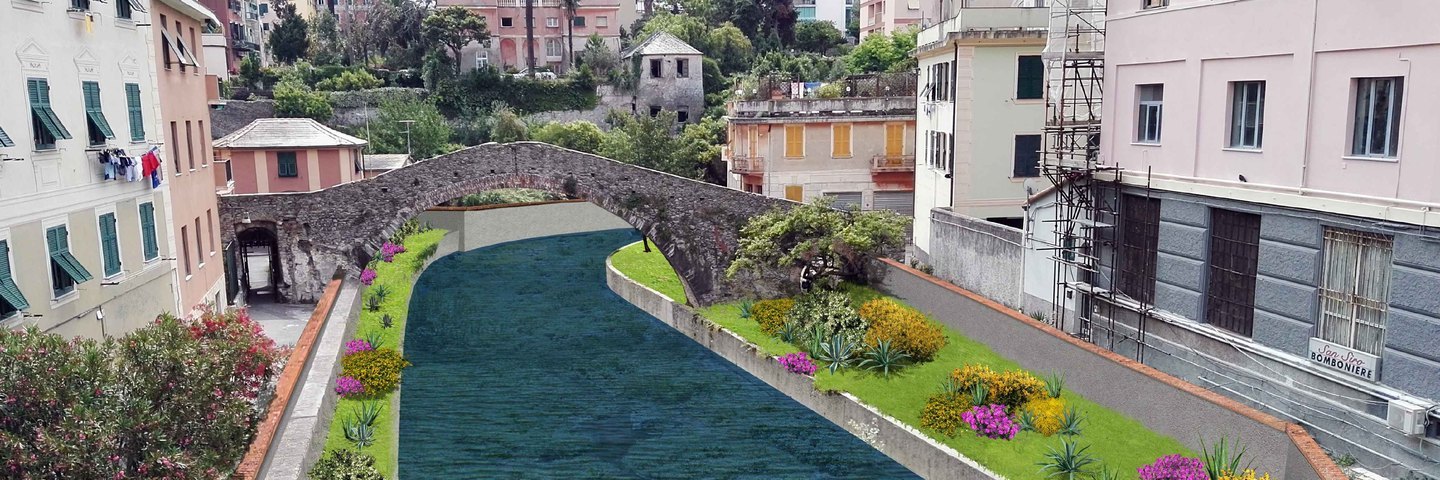 Rendering di progetto: il tratto del torrente Nervi al ponte romanico, con l’alveo liberato e le sponde sistemate