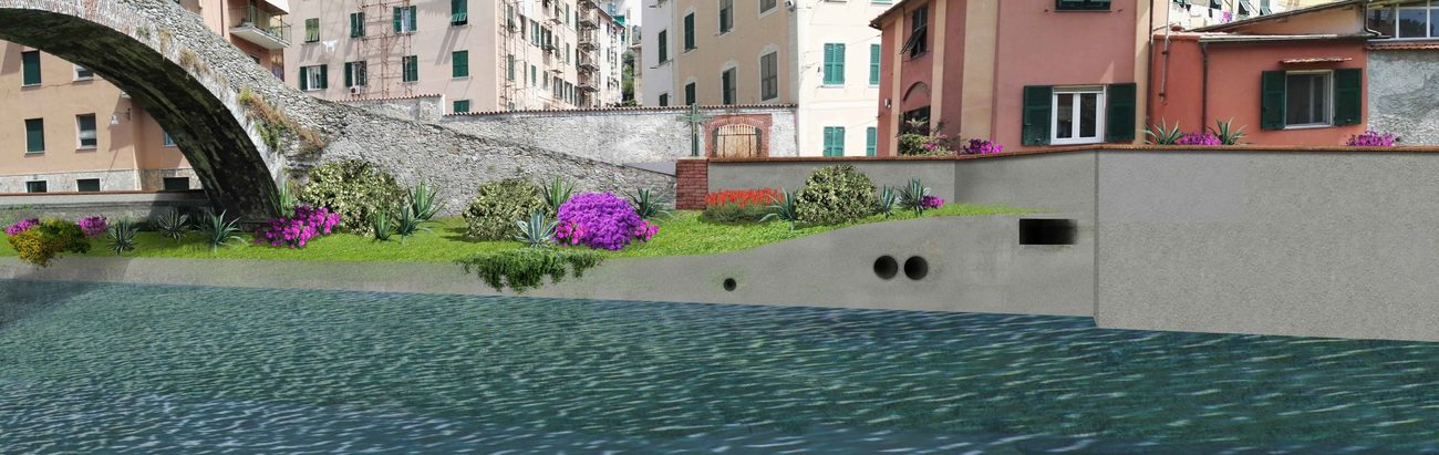 Rendering di progetto della sponda sinistra, con muro nuovo e fascia verde