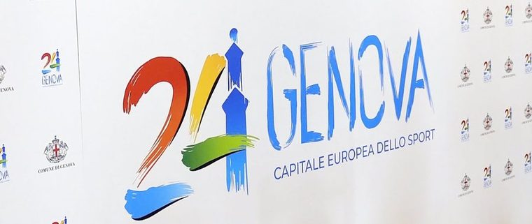 Il muro stampa di Genova 2024 Capitale Europea dello Sport, con il logo della manifestazione e lo stemma del Comune di Genova