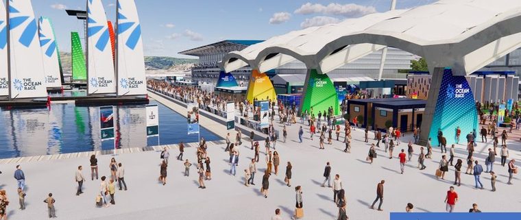 Il villaggio di The Ocean Race sulla banchina del porto di Genova, con le vele e i padiglioni della manifestazione